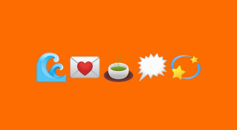 A wave, letter, tea, text blurb and star emoji on an orange background