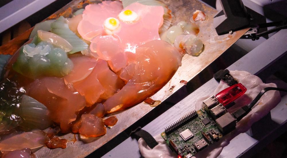 A close-up of an artistic or experimental setup. On a metallic surface, there are various translucent, jelly-like blobs in different colors (pink, green, orange, and clear), some of which are illuminated from below, giving a glowing effect.