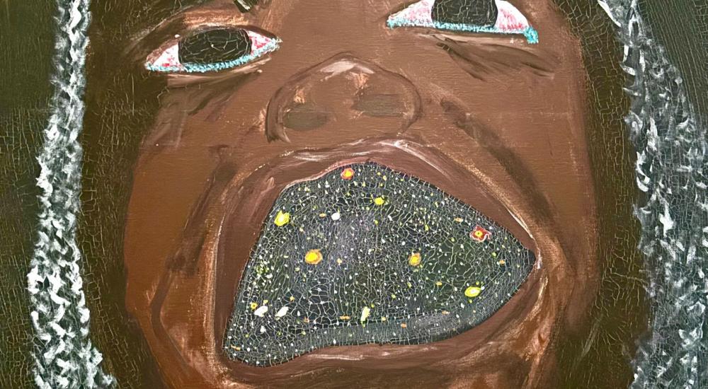 A painting of a black woman with sparkles in her mouth and her hair
