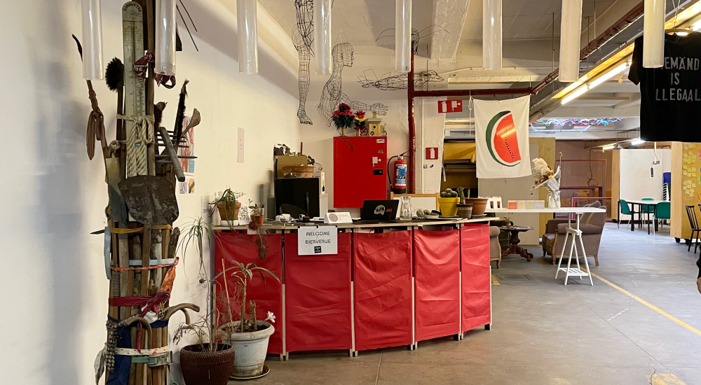 A makeshift reception desk 