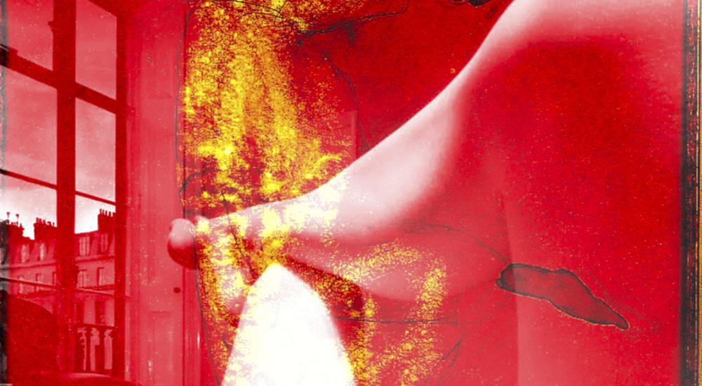 Met rood bewerkte foto die benen van wit persoon laat zien met in beeld collage van dansende vrouw in gouden jurk