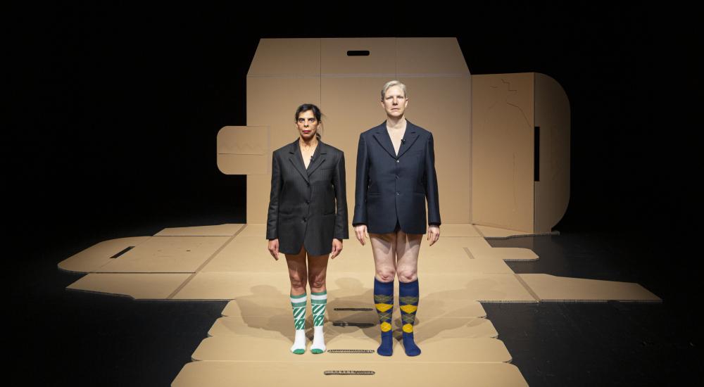 Two people wearing a suit jacket and no trousers standing on a huge unfolded cardboard box