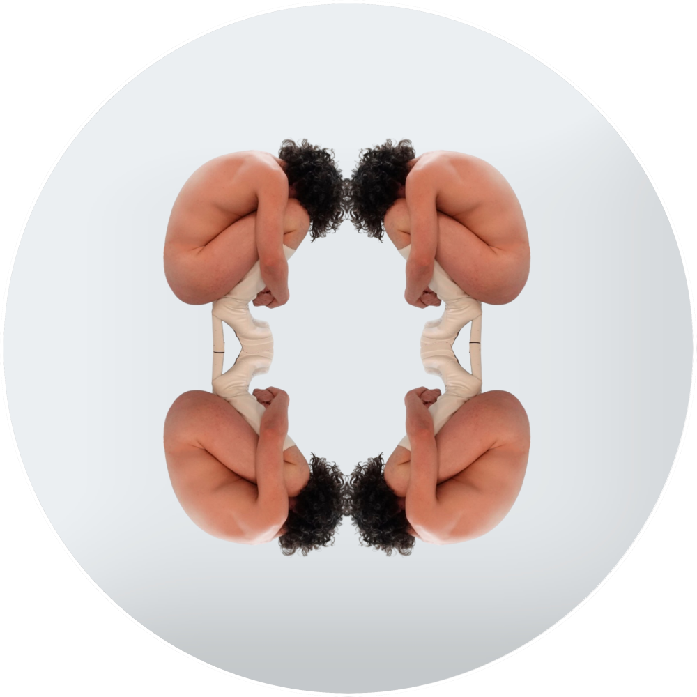 A naked person viewed from the side, hunched over and reflected horizontally and vertically