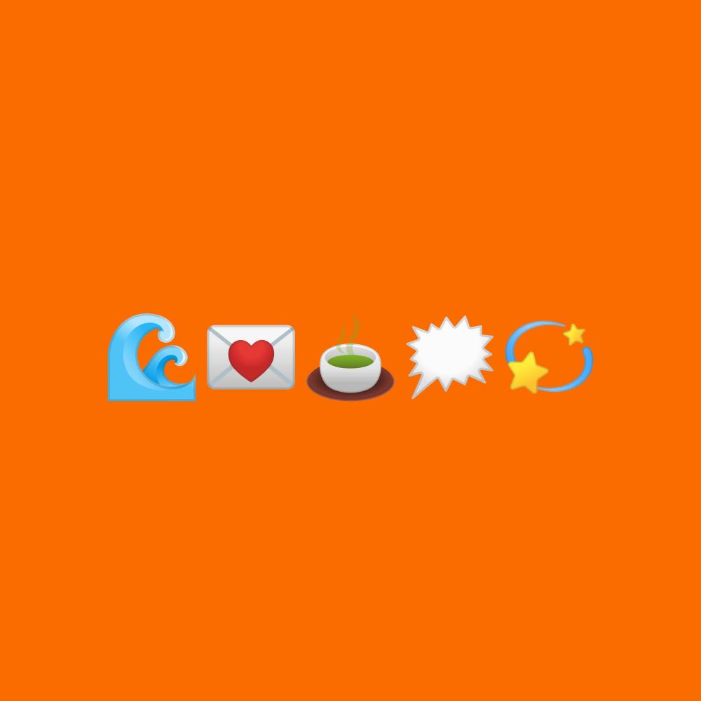 A wave, letter, tea, text blurb and star emoji on an orange background