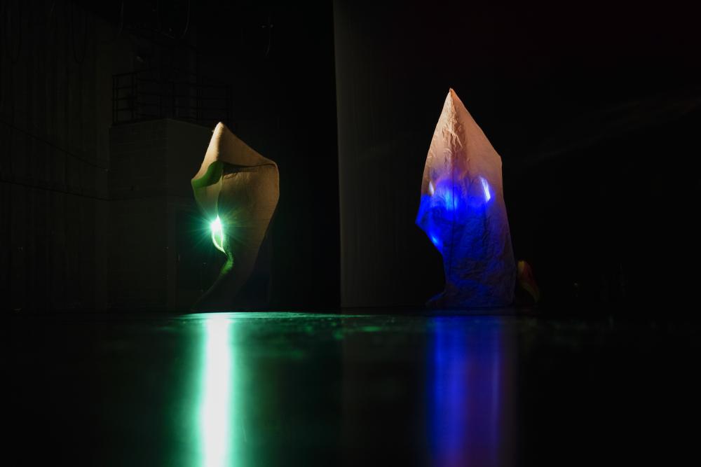 Two people in cloaks holding a green and blue light respectively that shine through their cloaks