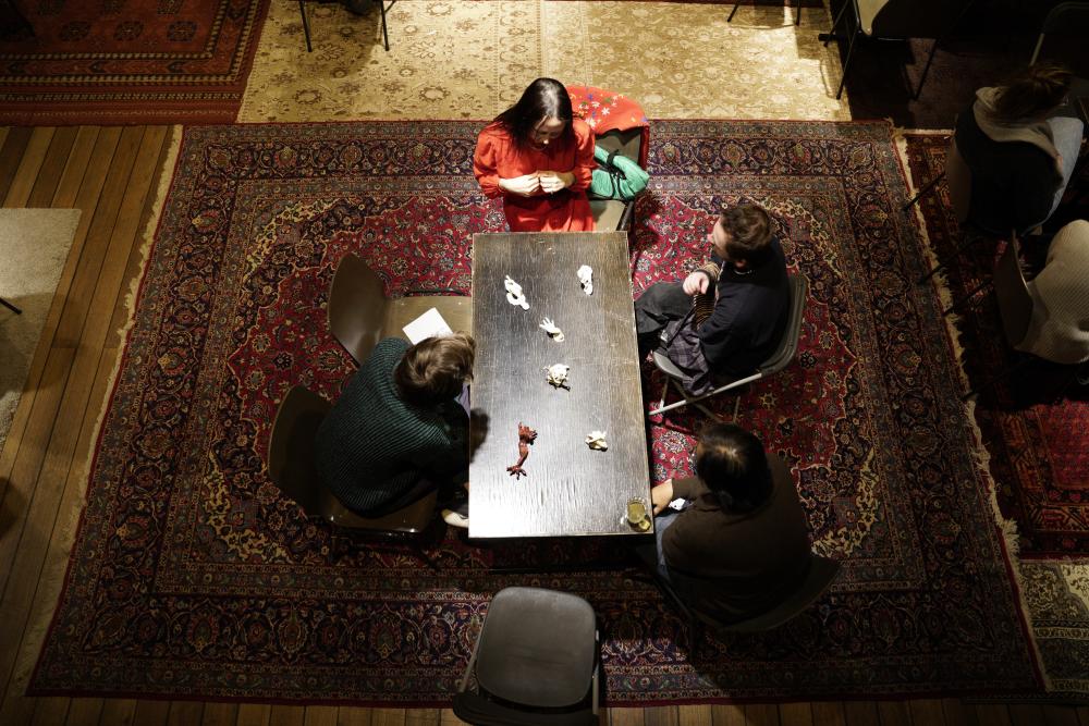 Bird's eye view of a table with four people sitting around it, on top of a Persian rug