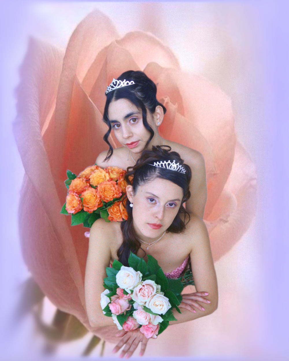 Estefania and Luisa wearing tiaras and carrying flowers in front of a flower background