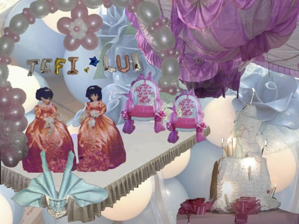 A 3D collage of two quinceañeras surrounded by a cake and party decorations