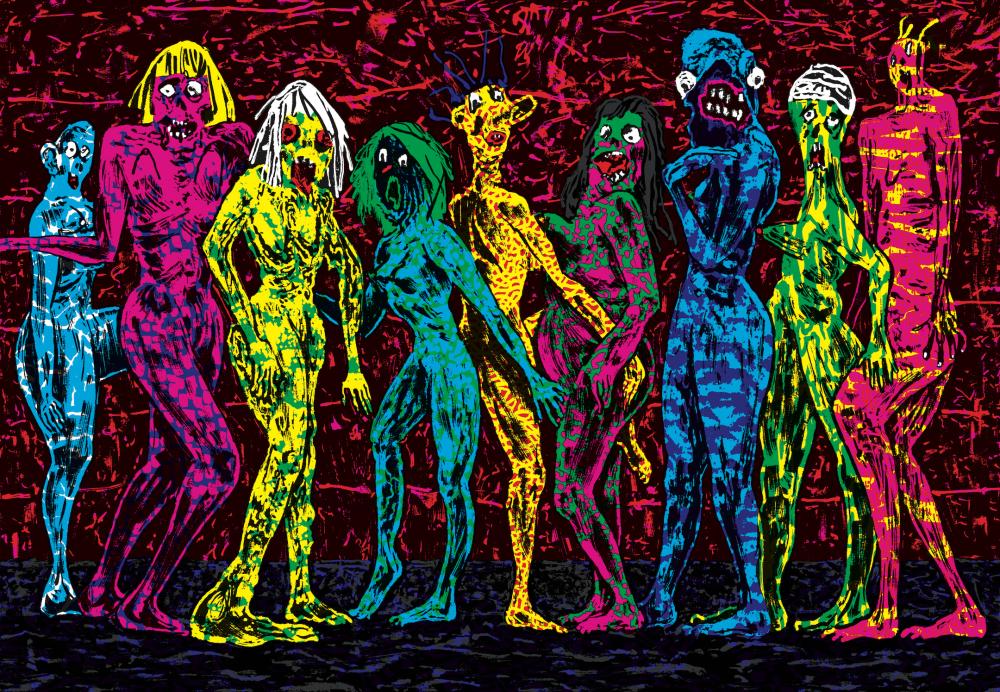 Drawing with brightly coloured figures