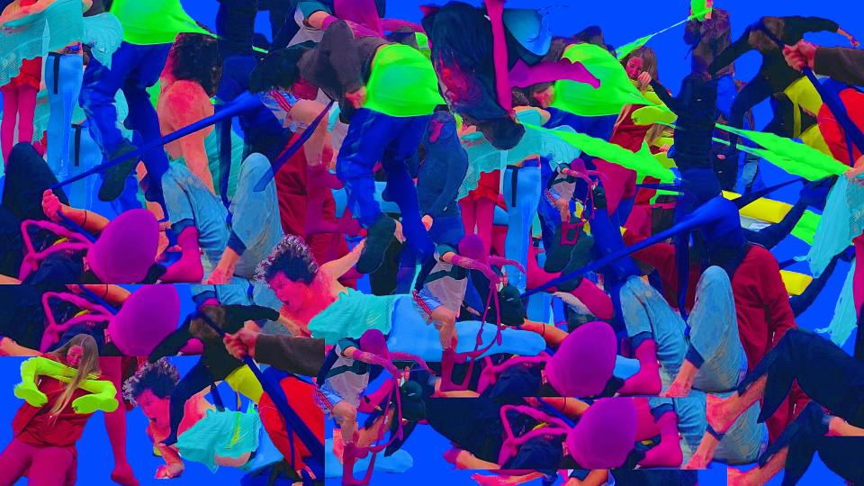 Collage of people wearing fluorescent green, blue and purple