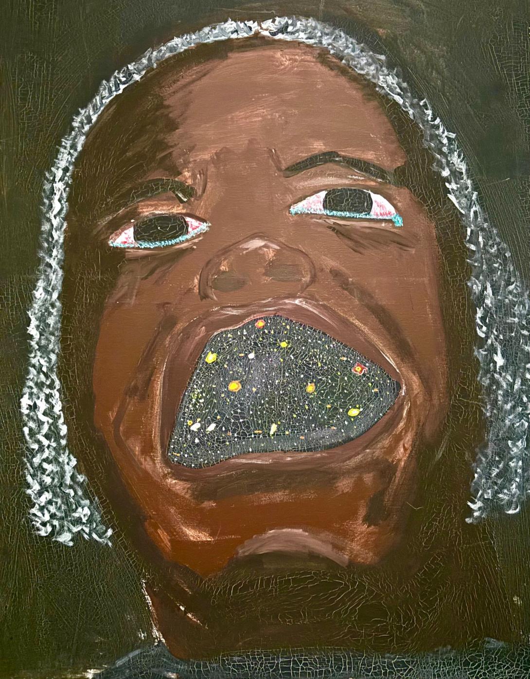 A painting of a black woman with sparkles in her mouth and her hair